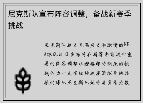 尼克斯队宣布阵容调整，备战新赛季挑战