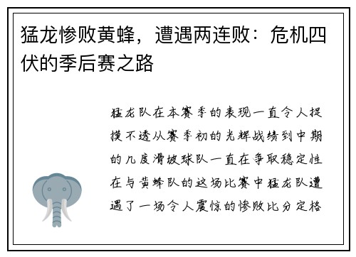 猛龙惨败黄蜂，遭遇两连败：危机四伏的季后赛之路