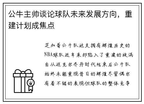 公牛主帅谈论球队未来发展方向，重建计划成焦点