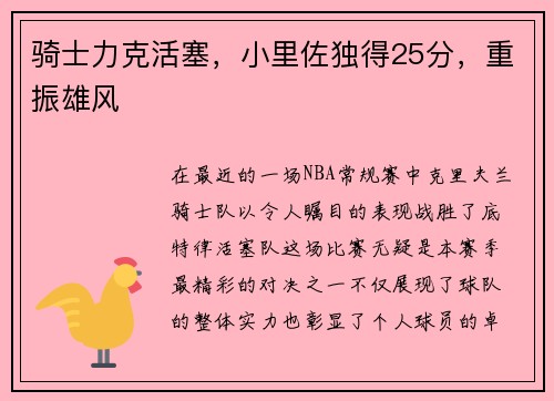 骑士力克活塞，小里佐独得25分，重振雄风