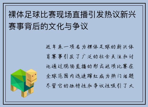 裸体足球比赛现场直播引发热议新兴赛事背后的文化与争议
